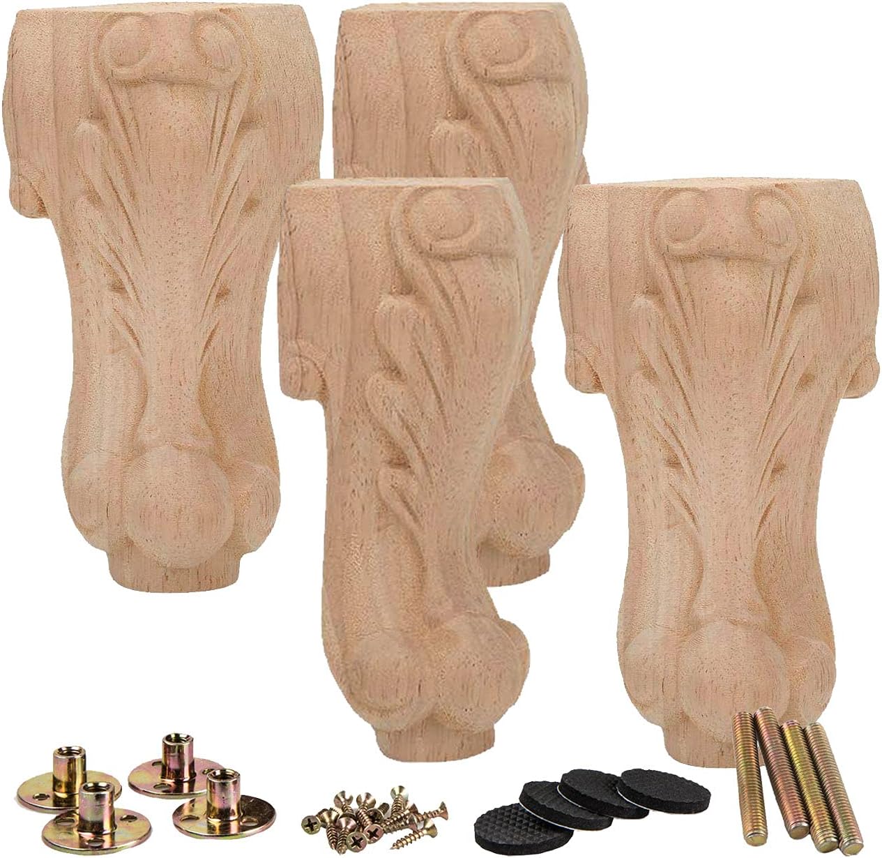 La Vane 6 inch / 15cm Wooden Furniture Legs, Set of 4 European Style Solid Wood Carving Furniture Replacement Feet Decoration for Sofa Cabinet Wardrobe Table Loveseat