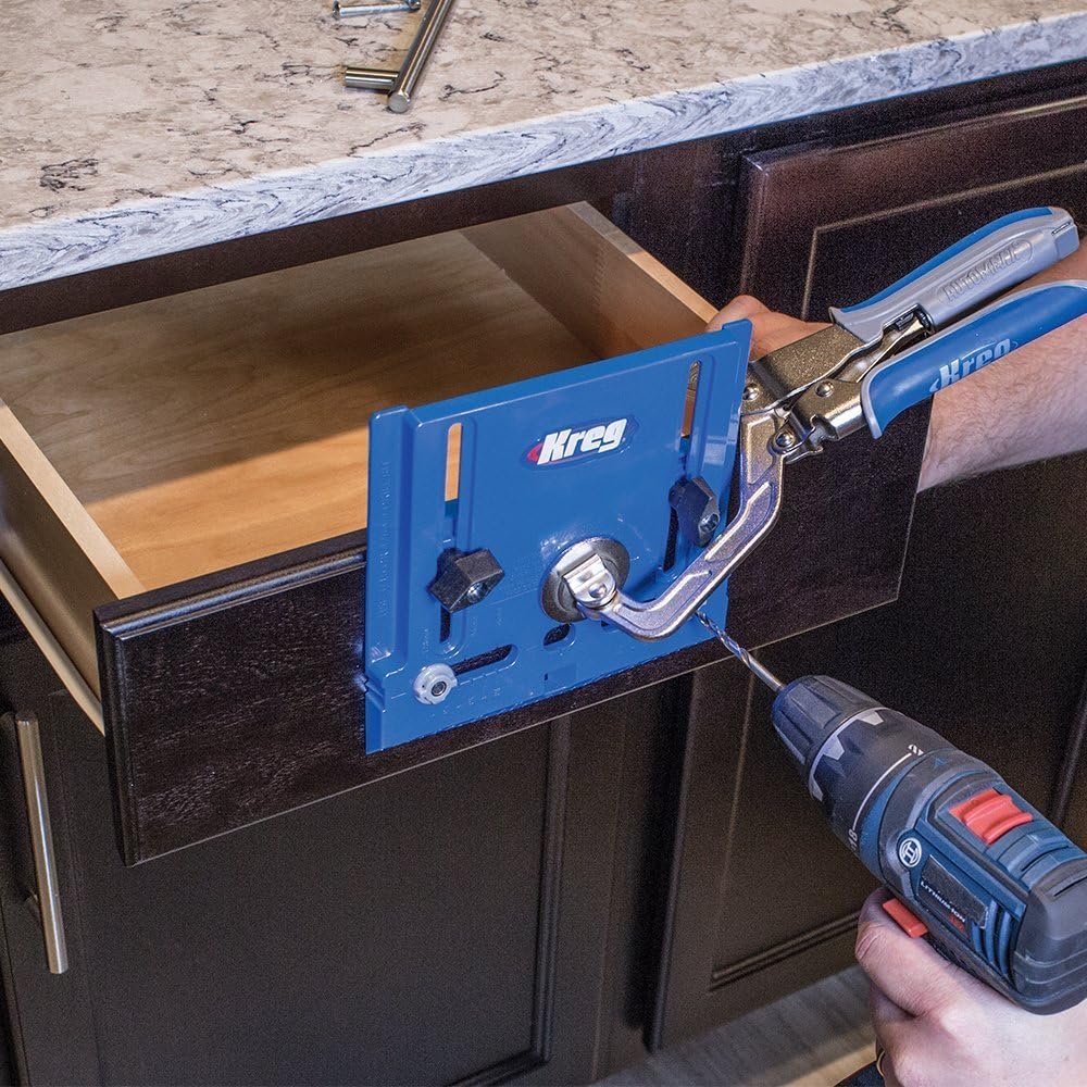 Kreg Cabinet Hardware Jig - Portable Straight Hole Drilling - Precision Drilling Without a Press - Moveable Edge Guide for Accurate Positioning