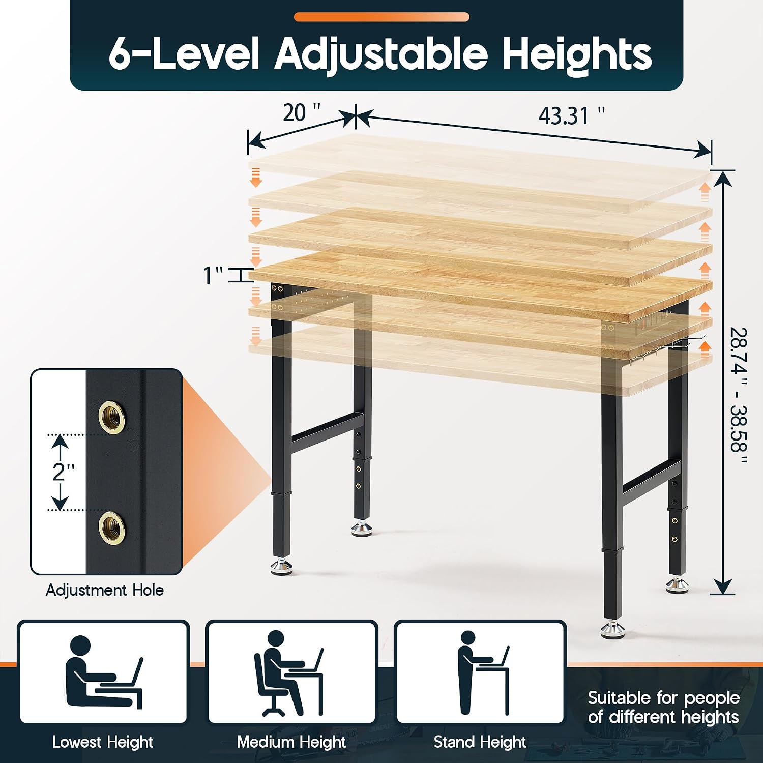 Albott 44 x 20-Inch Adjustable Workbench | 2000 Lbs Capacity, Solid Rubber Wood Top, Power Outlets and Hooks, for Garage, Workshop and Home Office, Black