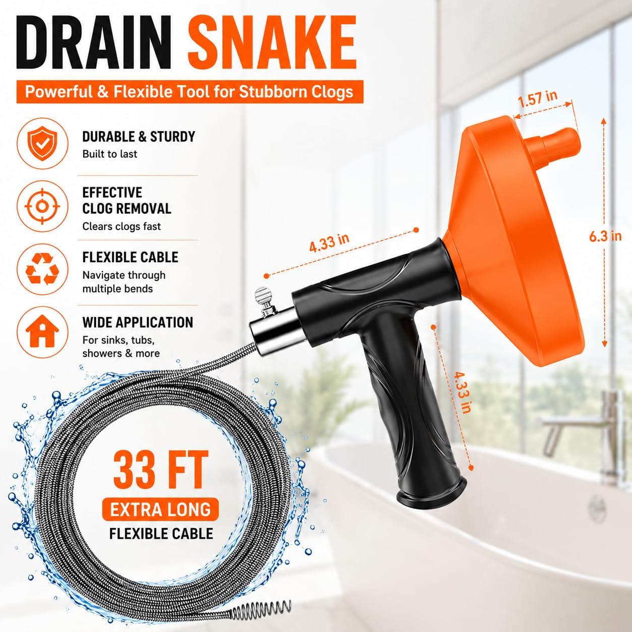 33 Feet Drain Snake Auger, Plumbing Snake Drain Hair Clog Removal Tool, Sink Unclogger Drain, Heavy Duty Drum Auger