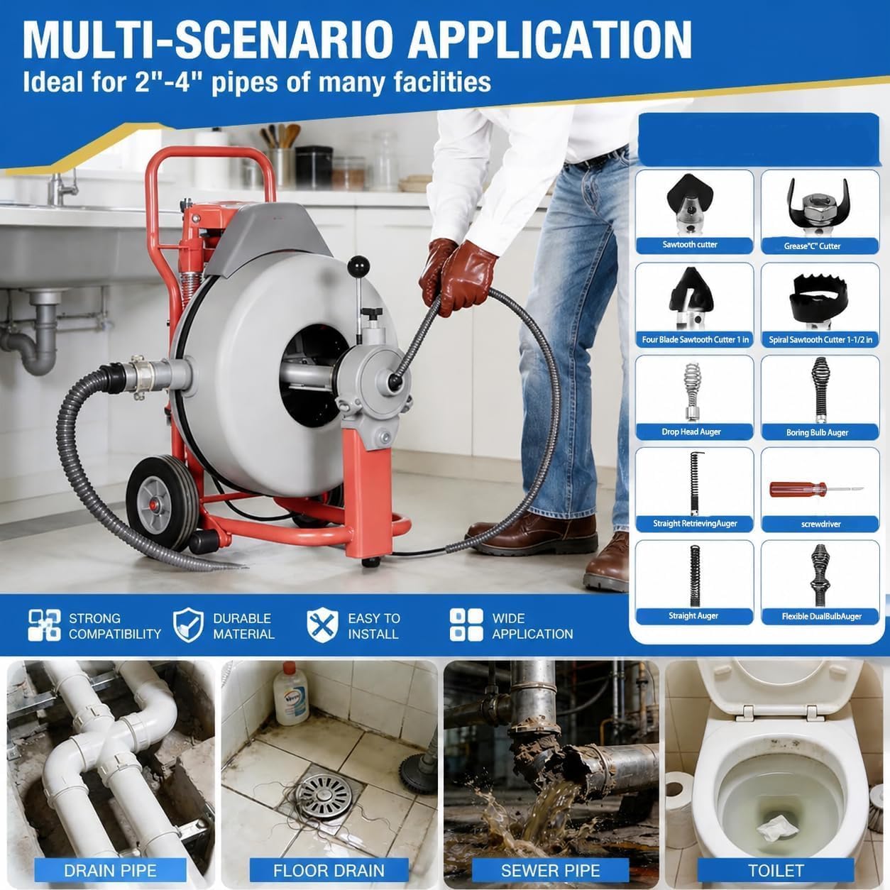 10Pcs Drain Snake Drill Attachment， Drain Auger Cutter Kit, Fit K-400 C-4 C-6 C-7 C-8 C-9 Cleaning Machines