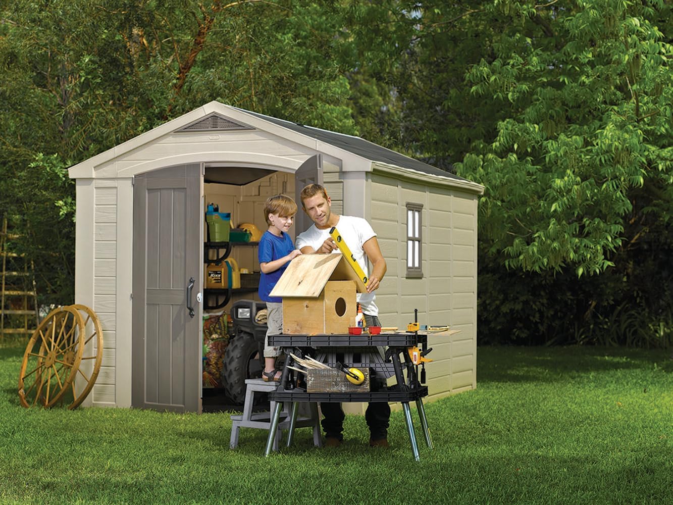 Keter Factor (8x6 ft) Large Resin Outdoor Storage Shed for Patio Furniture, Lawn Mower, Garden Accessories Yard Tools, and Pool Toys, Taupe