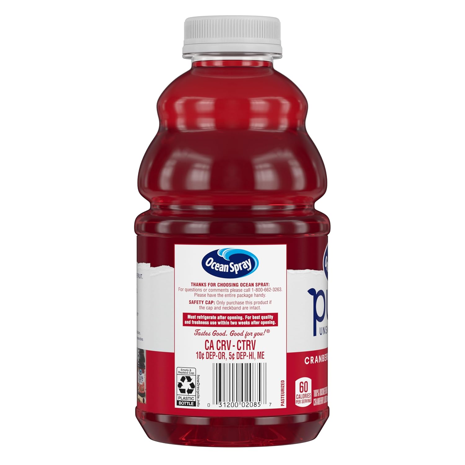 Ocean Spray® Pure Unsweetened Cranberry, 100% Cranberry Juice From Concentrate, 32 Fl Oz Bottle (Pack of 8)