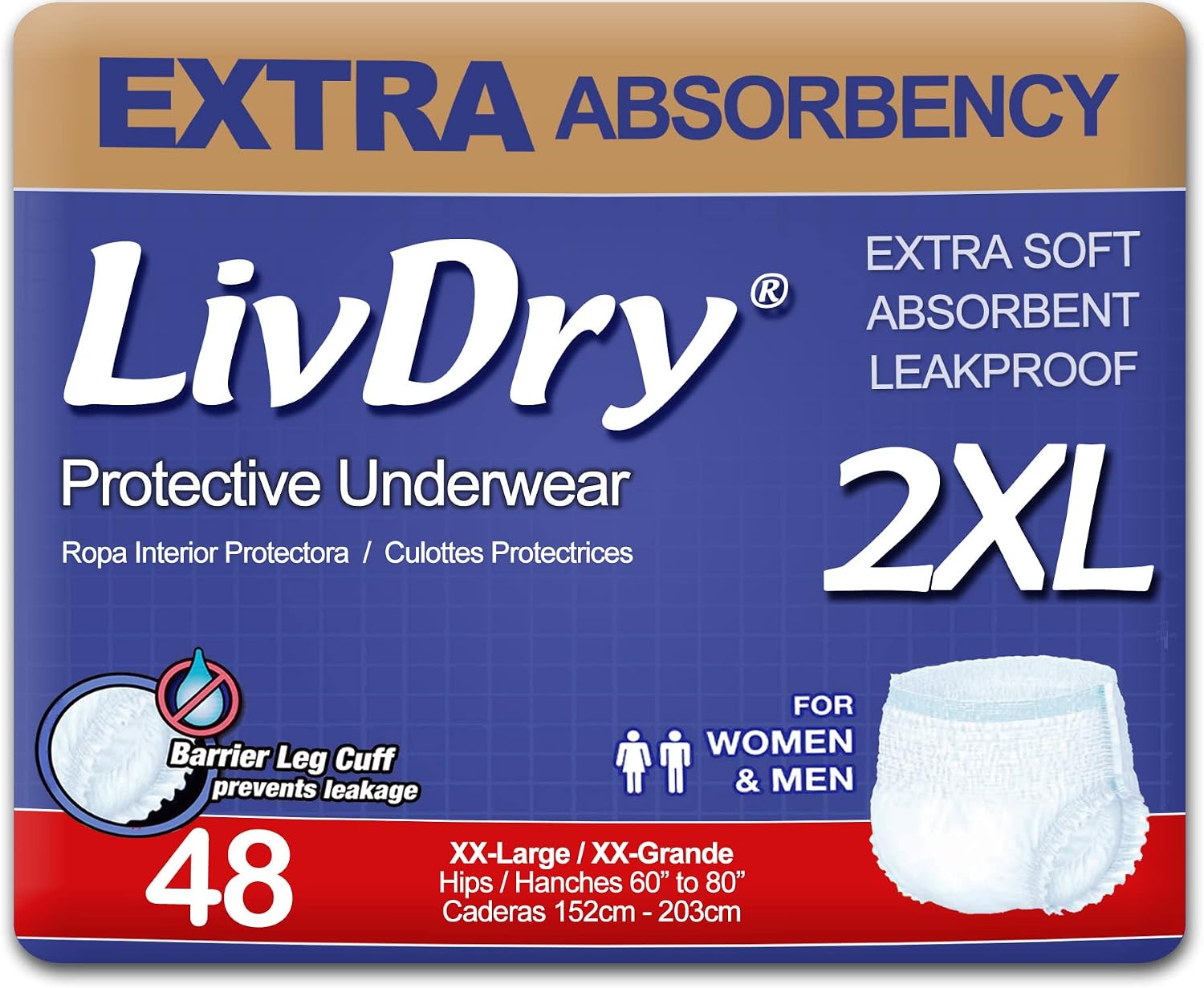 LivDry Adult Incontinence Underwear, Extra Absorbency Adult Diapers, Leak Protection, Large, 72-Pack