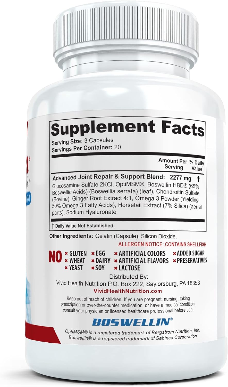 Joint Health & Support Supplement with Glucosamine Sulfate, Chondroitin, Hyaluronic Acid & MSM for Joint Support, Cartilage & Flexability, 60 Capsules