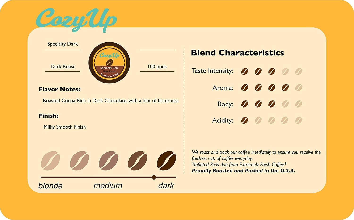 Cozy Up Specialty Dark Coffee Single Serve Pod, 100-Count, Dark Roast | Compatible with Keurig K-Cup
