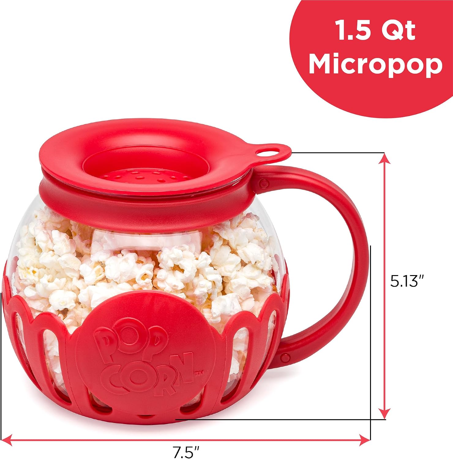 Ecolution Patented Micro-Pop Microwave Popcorn Popper with Temperature Safe Glass, 3-in-1 Lid Measures Kernels and Melts Butter, Made Without BPA, Dishwasher Safe, 3-Quart, Red