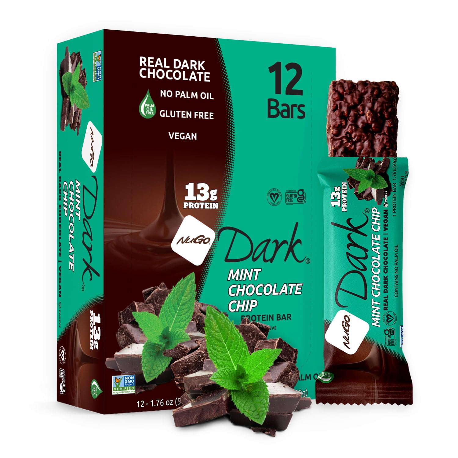 NuGo Dark, Mint Chocolate Chip, 13g Vegan Protein Bar, Gluten Free, 24 CT