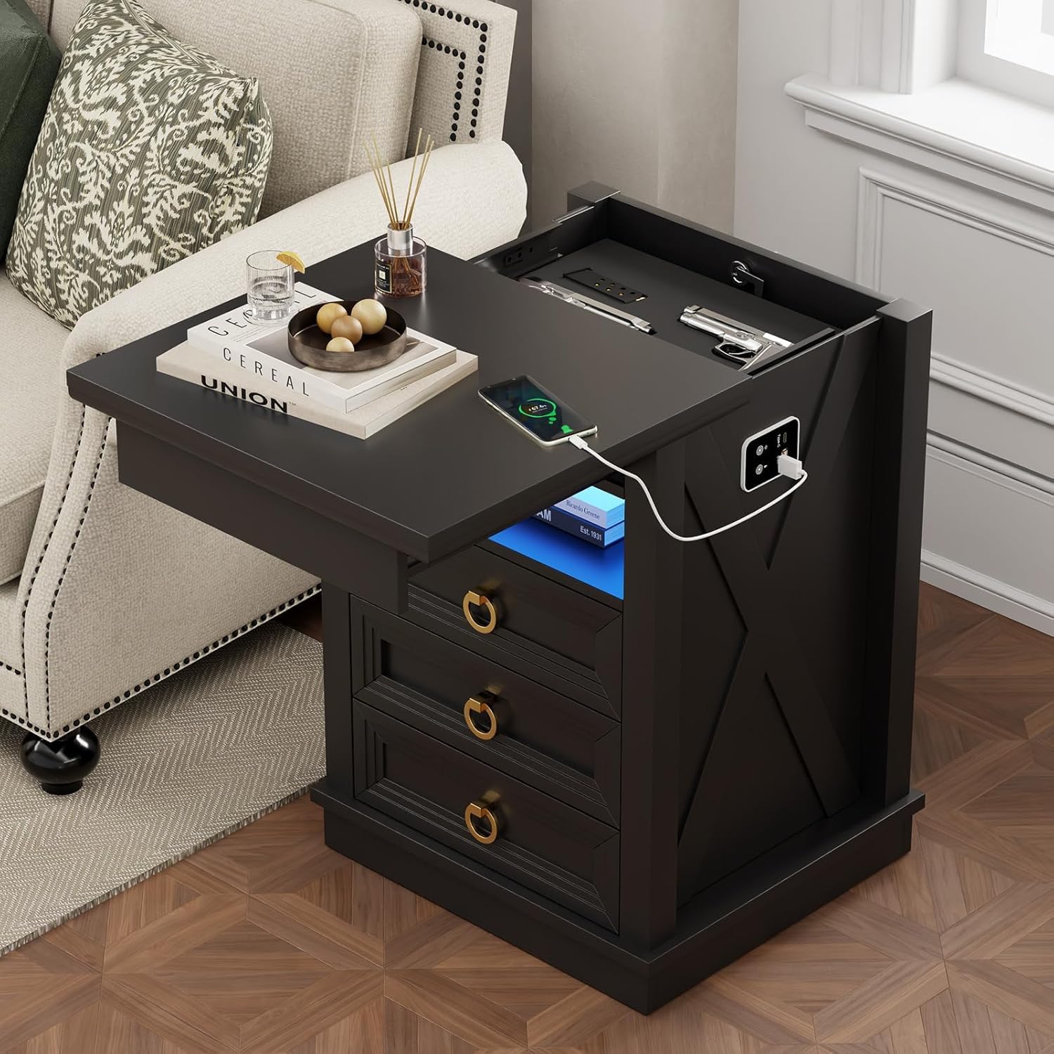 Smart LED Nightstand with Lockable Gun Drawer & Glass Top（Black） | Modern Bedside Table with Charging Station and Hidden Storage, LED Night Stand with 4 Drawers & Motion Sensor for Bedroom