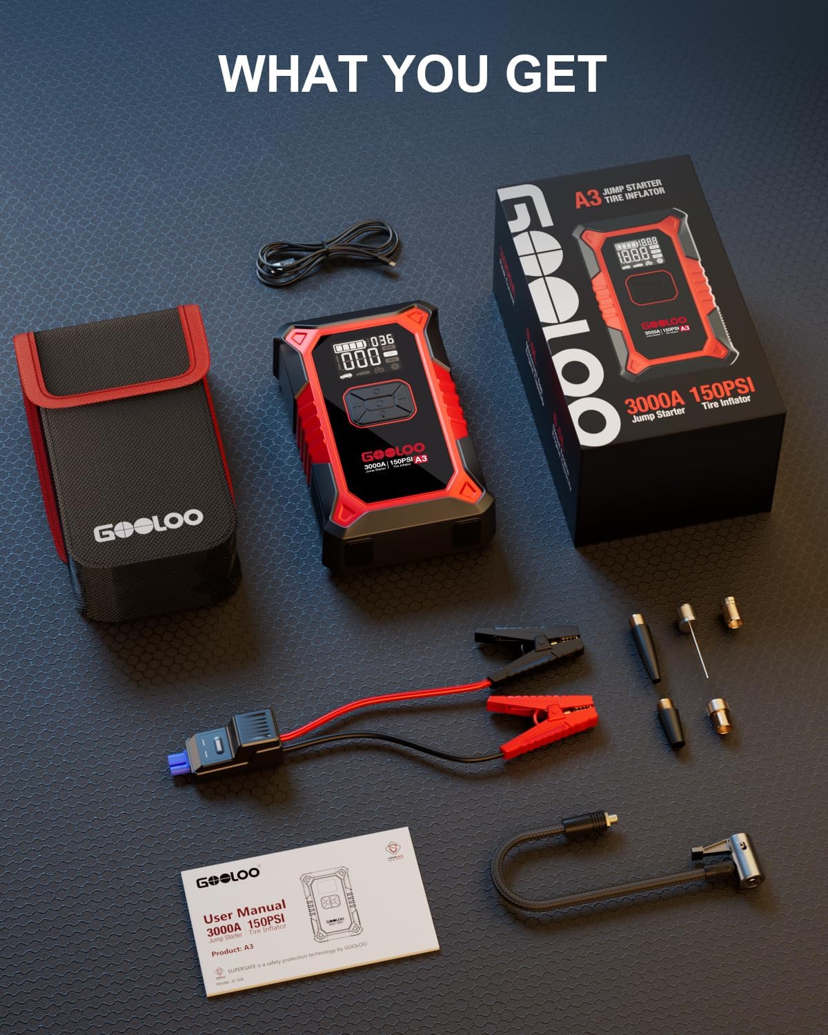 GOOLOO A3 12V 3000A Portable Jump Starter with Air Compressor | Supersafe Car Battery Booster Pack (9L Gas/6.5L Diesel) - BOOST for Dead Battery - 150 PSI Auto-Off Tire Inflator - LED Light