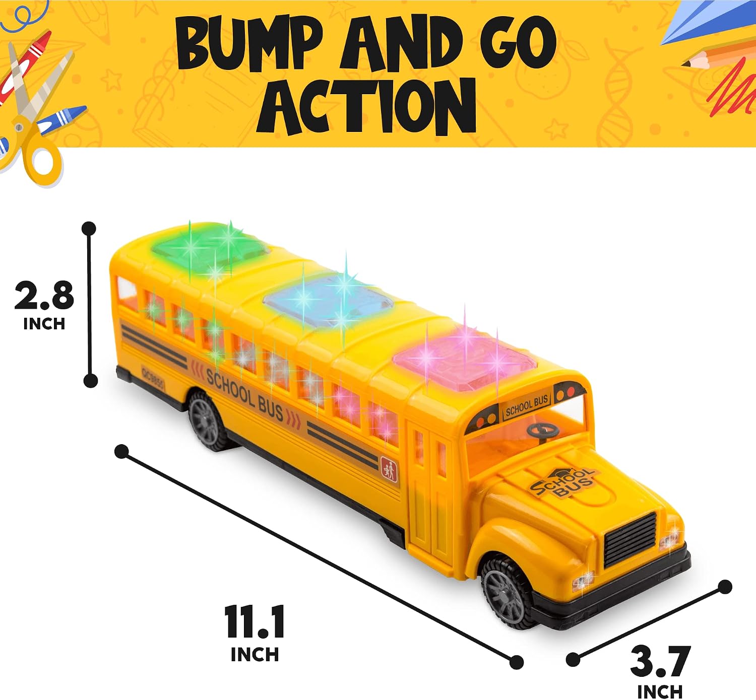 Yellow School Bus with Flashing LED Lights and Bus Sounds. Bump and Go Action Bus for Boys and Girls 3 Years Old and Above