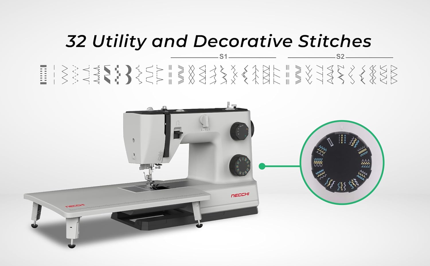 NECCHI Q132A Sewing Machine with Extension Table, Italian Designed, Stainless Steel Metal Bedplate, 32 Built-In Stitches, Accessory Kit Included.