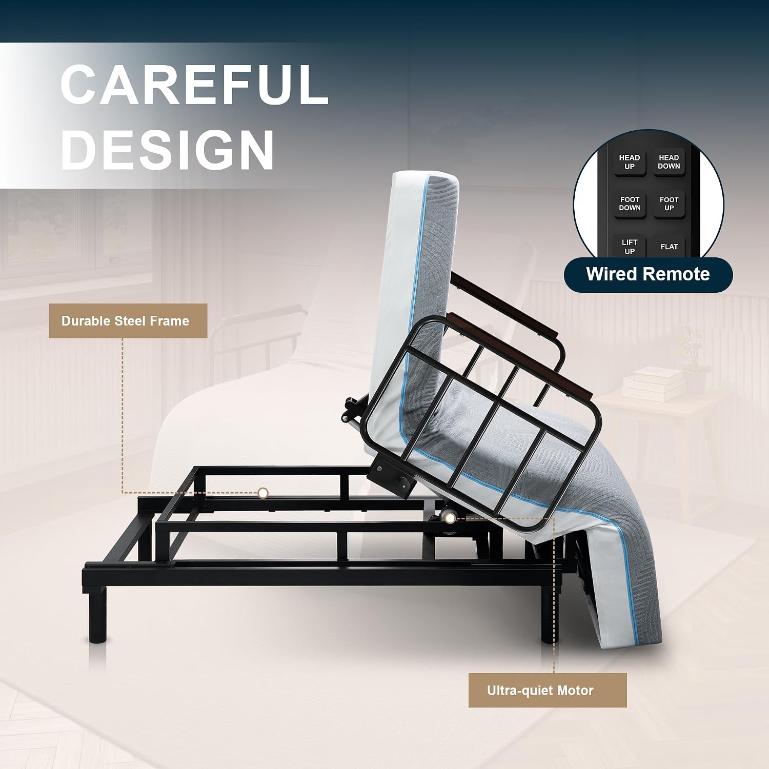 Electric Lift Bed for Elderly, Remote Control Adjustable Bed with 5.91" Mattress, Quiet Motor and Removable Tray, Zero Gravity Position Bed Frame Suitable for Hospital/Home Care