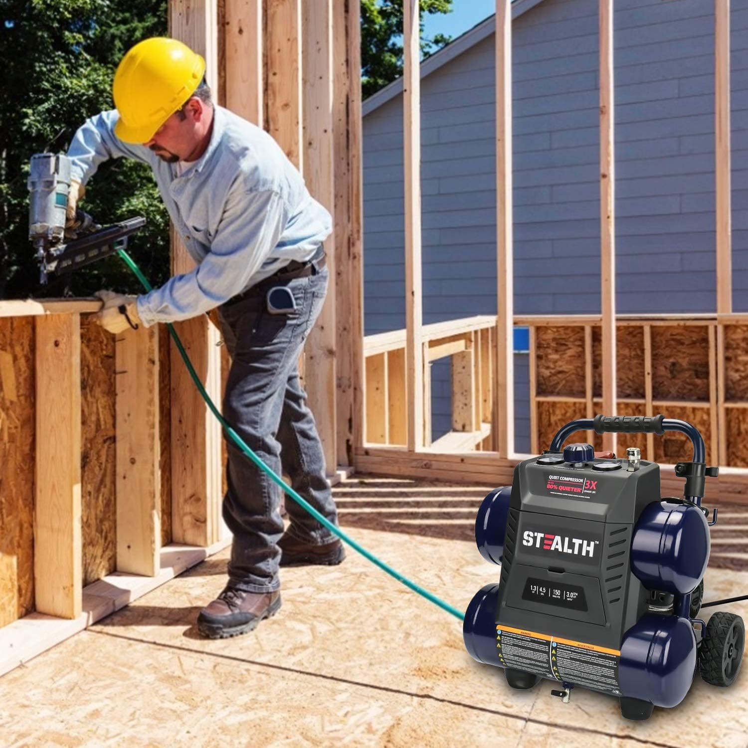 Stealth Quiet Air Compressor with Wheel, 64 Decibel 4.5 Gallon Peak 1.3 HP Max 150 PSI, Oil-Free Air Pump