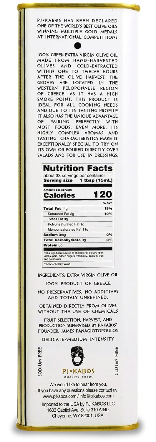 P.J. KABOS Fresh 2025/26 Harvest, High Phenolic (400+mg/kg), Natural Greek Extra Virgin Olive Oil, Kosher, Greece, Cold Extracted, 16.9 oz Tin, Koroneiki, "Family Reserve -Medium"