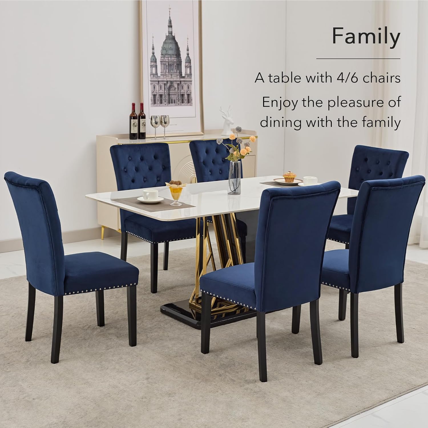 adochr Velvet Dining Chairs Set of 2, Parsons Kitchen Chair, Blue