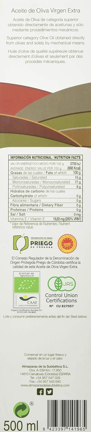 Rincon De La Subbetica- Award Winning, Organic Cold Pressed EVOO Extra Virgin Olive Oil, 16.9-Ounce Glass Bottle