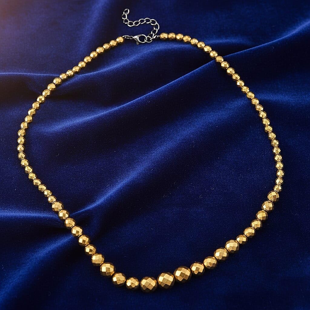 Yellow Gold Color Hematite Beaded Necklace Silvertone 560.00 ctw 21-23"