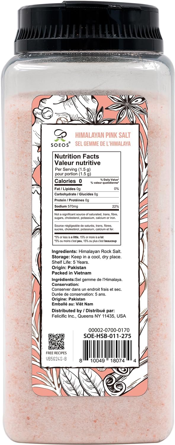 Soeos Himalayan Pink Salt, Fine Grain, 39 oz (2.4lb), Bottled