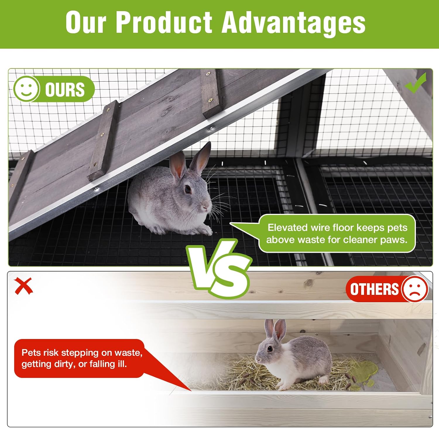 Outdoor Rabbit Hutch Indoor Bunny on Wheels Large Guinea Pig Cage with Run for Any Small Animals,Removable Pull Out Tray