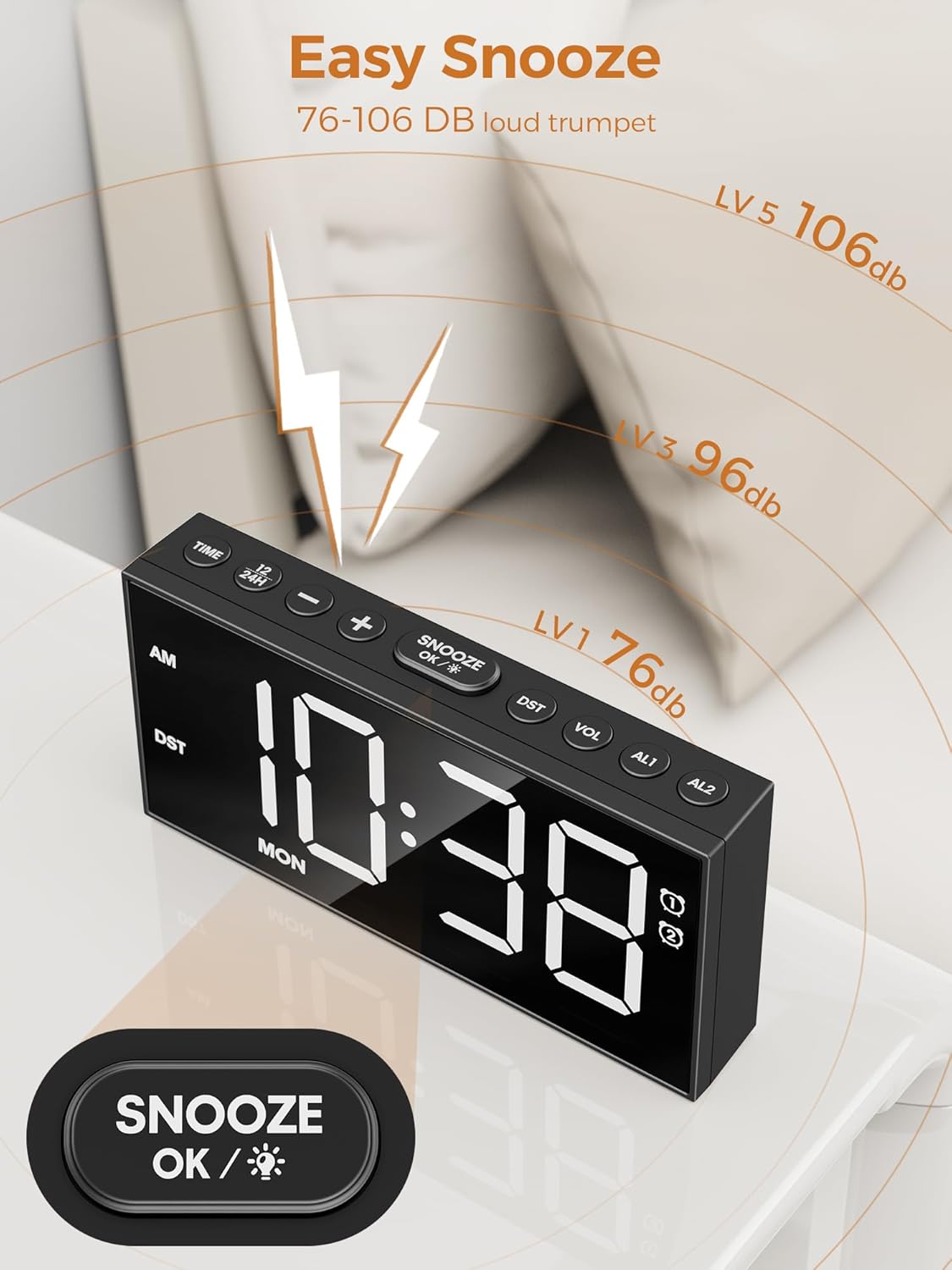 Digital Alarm Clocks for Bedrooms, Dual Alarms, 7.5-Inch Large Display