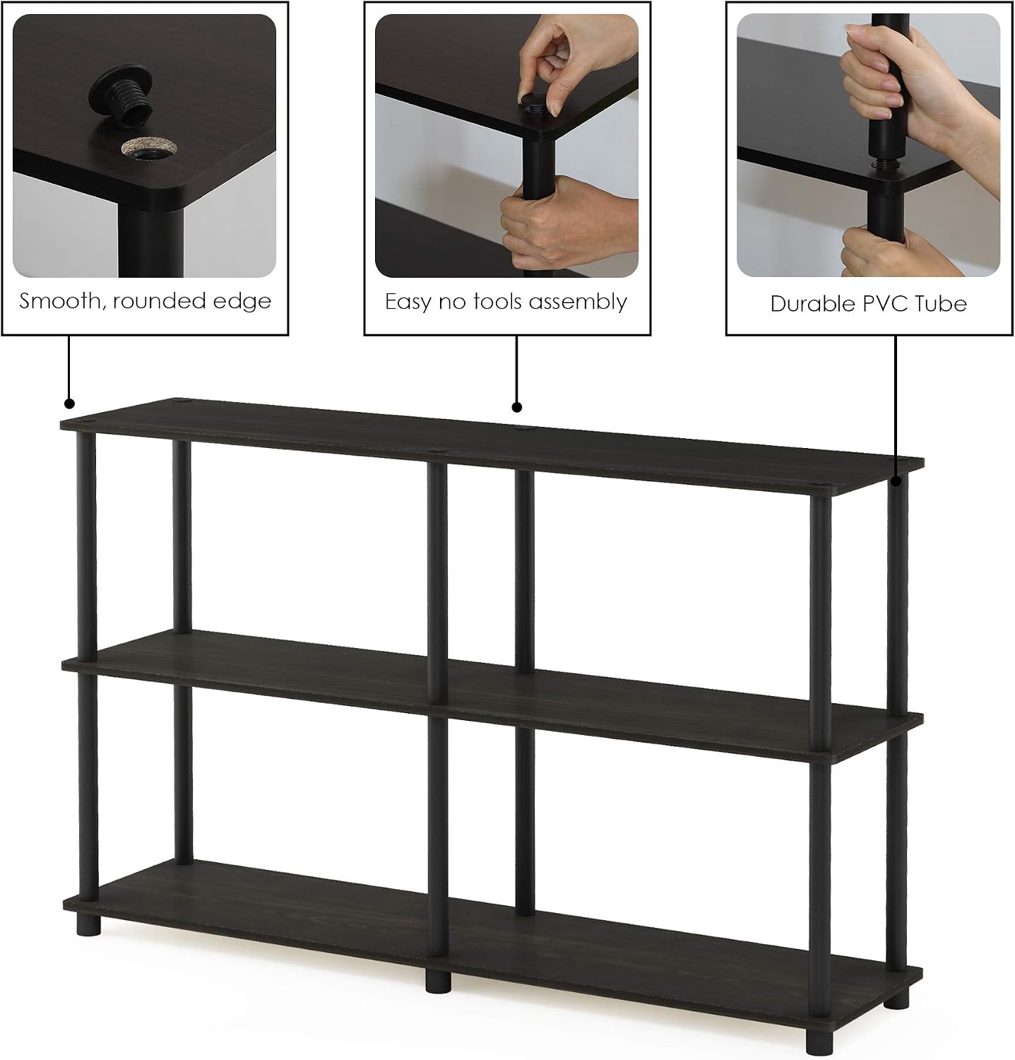 Furinno TURN-N-TUBE Storage Shelves, 3-Tier 47.4 Wide Book Shelf, Corner Shelf, Toolless Open Shelves, for Organization and Storage, Living Room, Garage, Home Office, Black