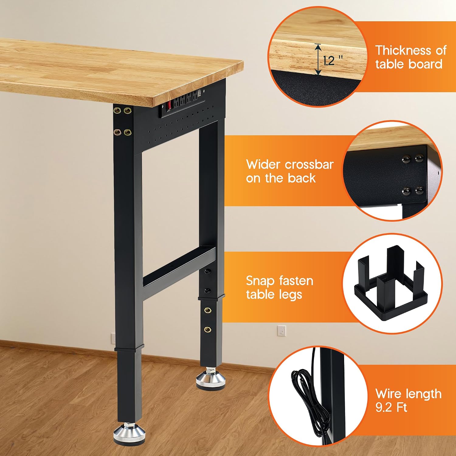 Albott 44 x 20-Inch Adjustable Workbench | 2000 Lbs Capacity, Solid Rubber Wood Top, Power Outlets and Hooks, for Garage, Workshop and Home Office, Black