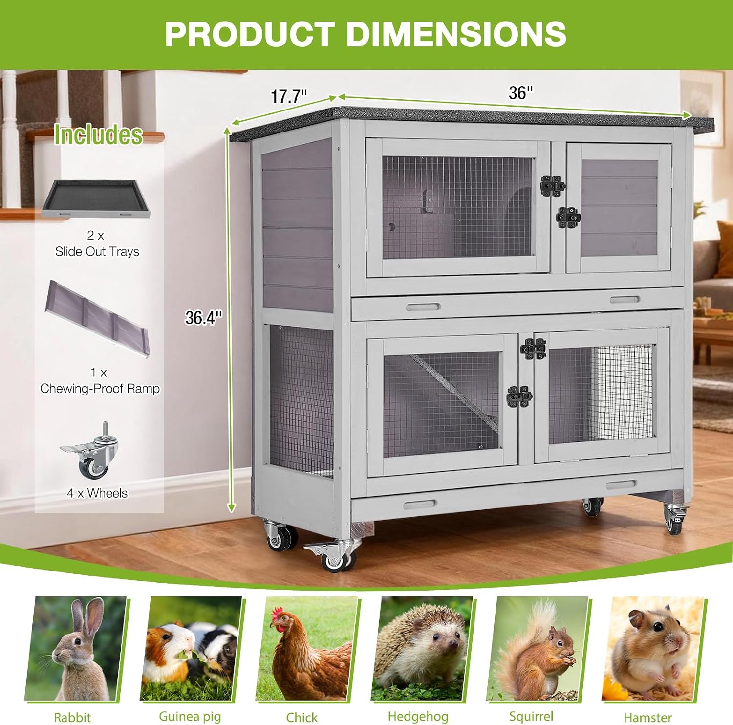 Outdoor Rabbit Hutch Indoor Bunny on Wheels Large Guinea Pig Cage with Run for Any Small Animals,Removable Pull Out Tray