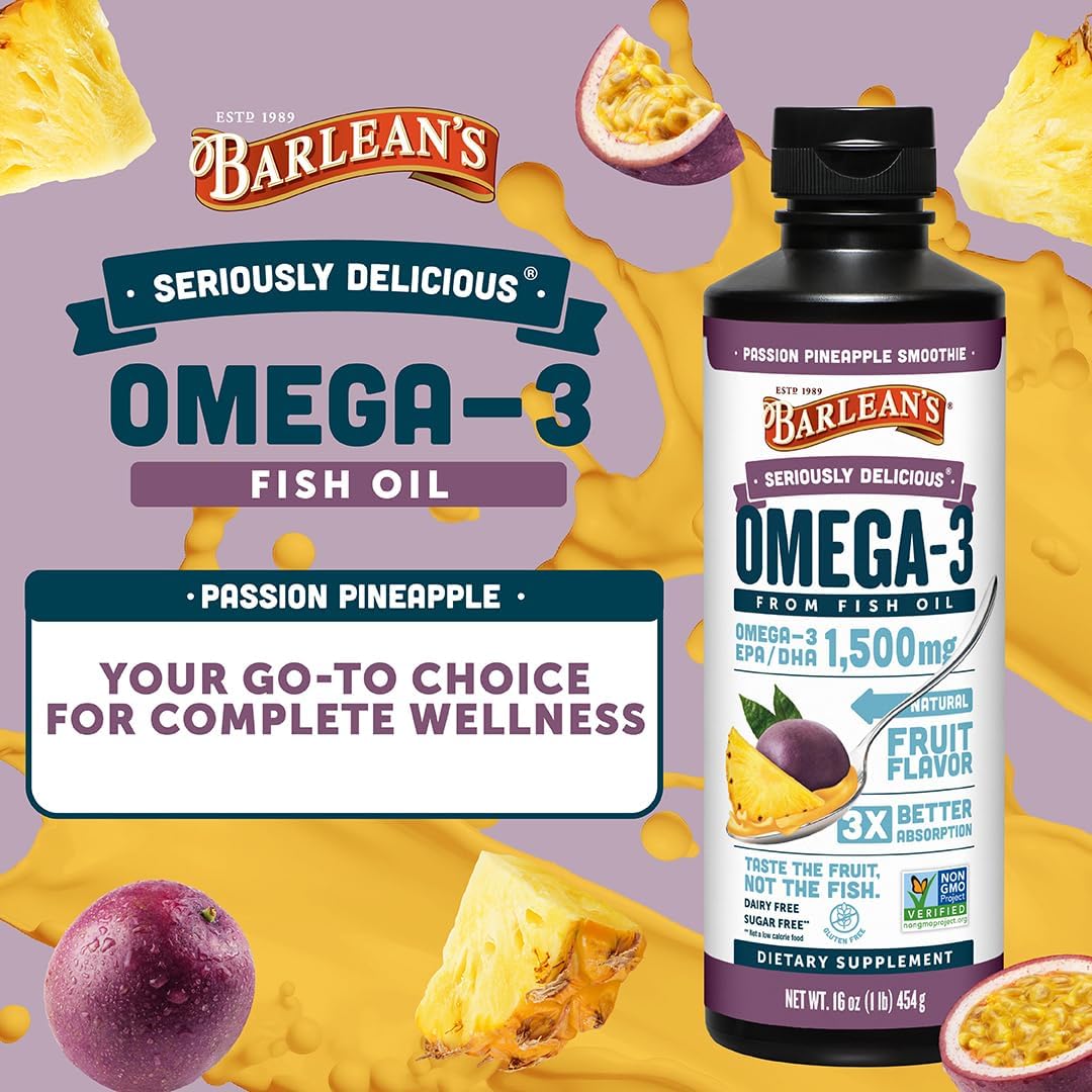 Barlean's Mango Peach Omega-3 Fish Oil, Vitamin D, 1080mg EPA & DHA, 8oz | Wild-caught fish oil plus vitamin D, EPA DHA omega-3, Burpless, Non-GMO, Gluten-free, Heart, brain, bone & immune