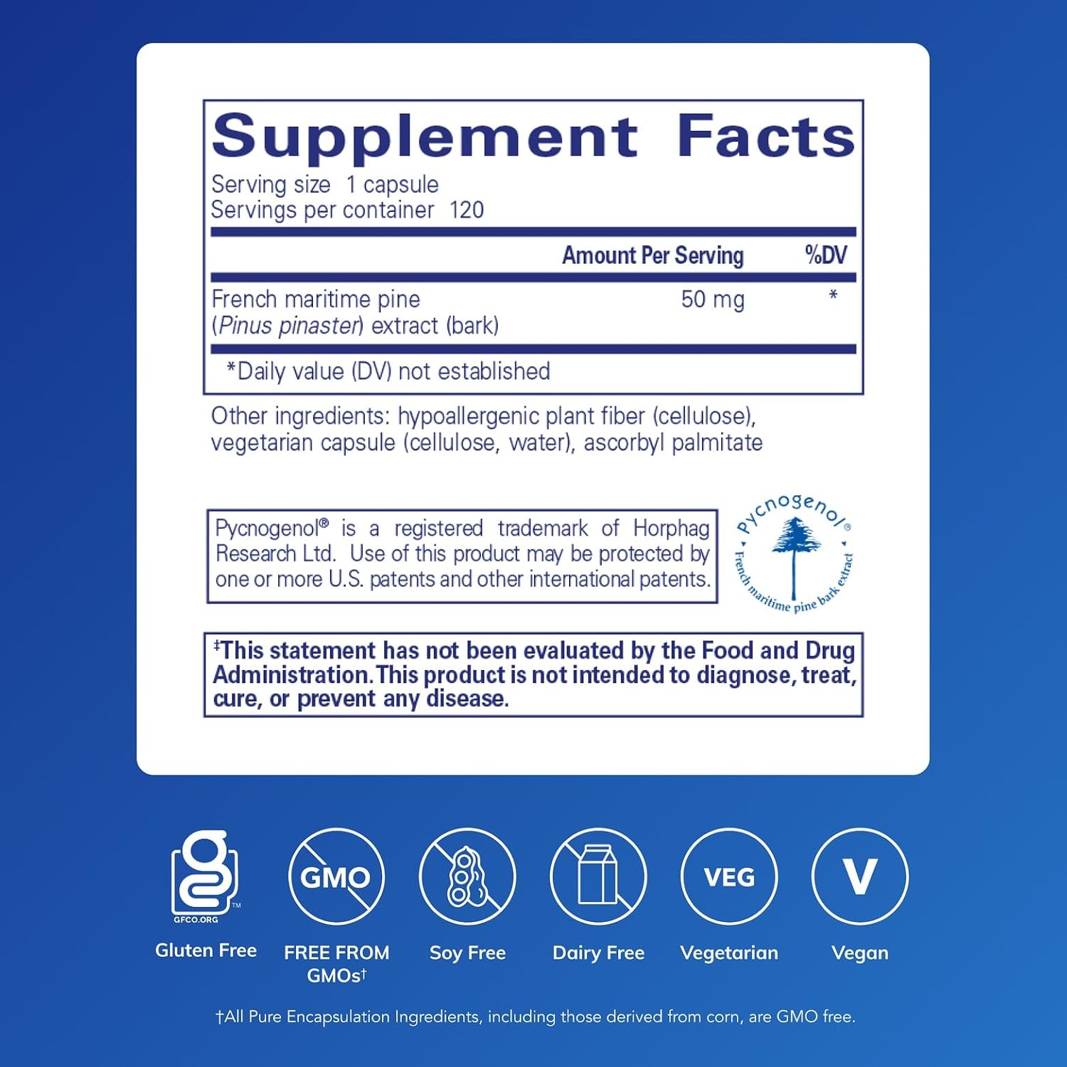 Pure Encapsulations Pycnogenol (Pine Bark Extract) 50 mg | Hypoallergenic Supplement to Support Cognitive Function and Cardiovascular Health* | 60 Capsules | 50 mg, Hypoallergenic Supplement to Support Cognitive Function and Cardiovascular Health*