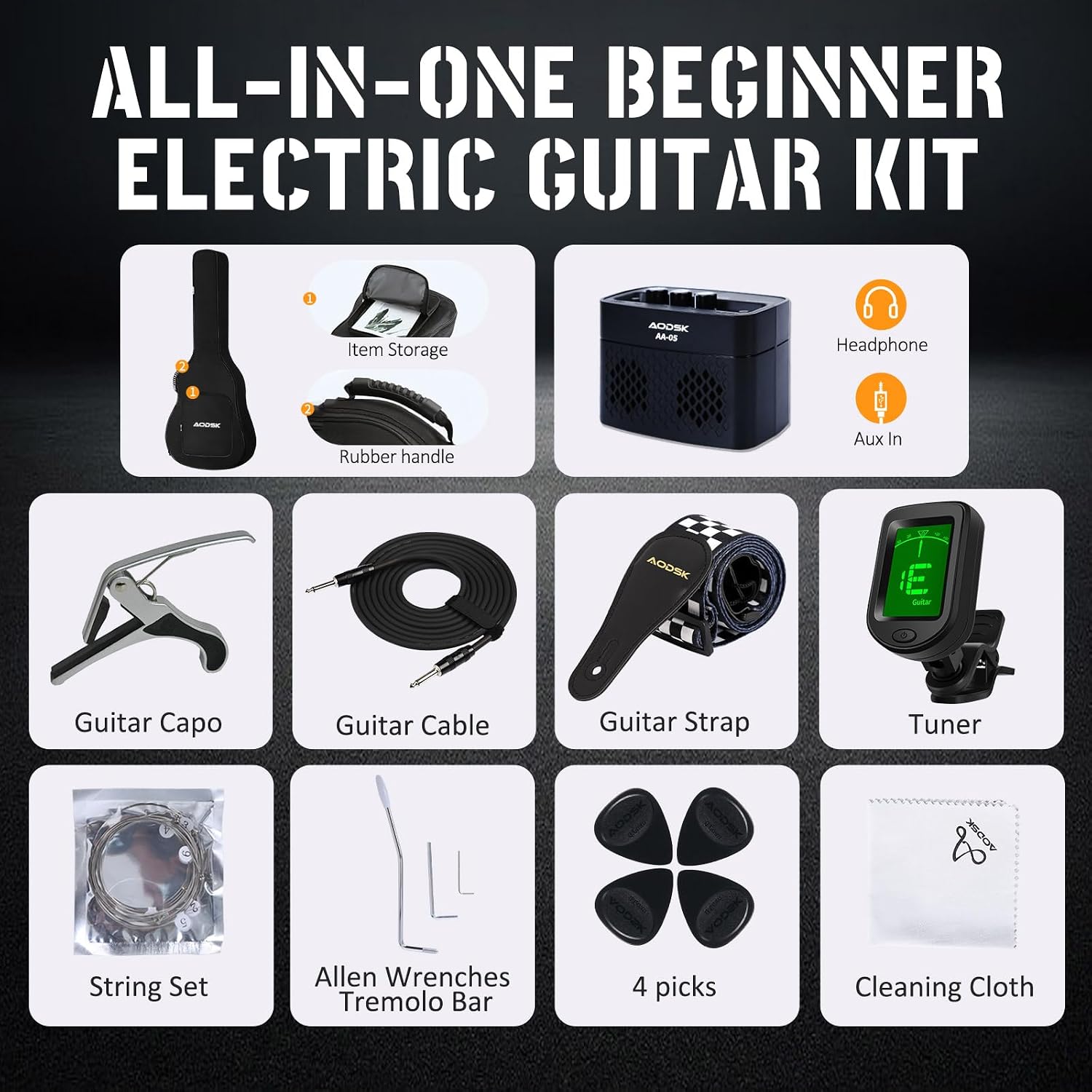AODSK Electric Guitar with Amp Beginner Kit 39 Inch Solid Body Full Size, All Accessories, Digital Tuner, Six Strings, Four Picks, Tremolo Bar, Strap