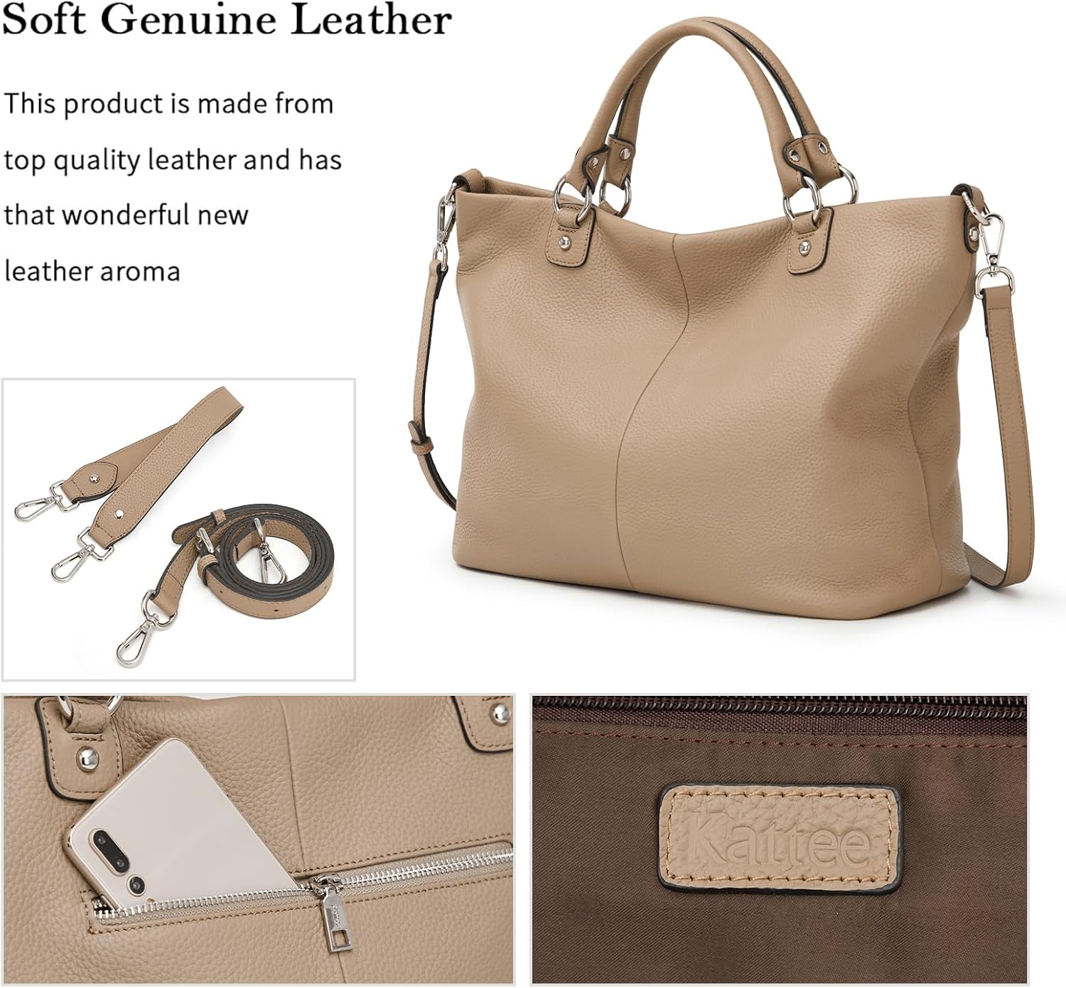 Kattee Genuine Leather Tote Purse for Women, Top Handle Satchel | Soft genuine leather tote with roomy storage and versatile carry for work, shopping, and travel.
