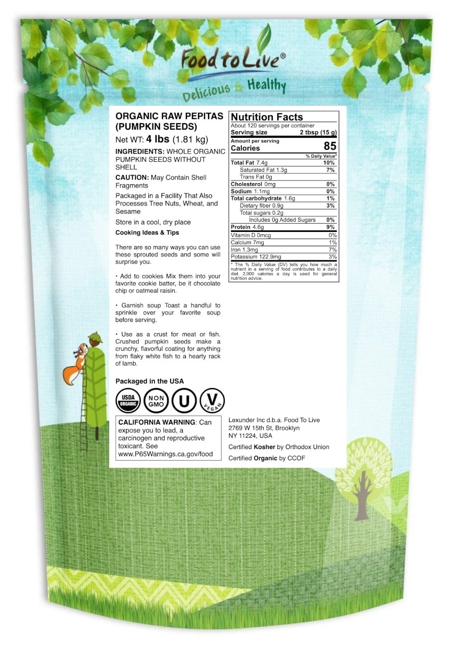 Food to Live Organic Raw Pepitas, 18 Pounds — Non-GMO, Pumpkin Seed Kernels, Unsalted, No Oil, No Shell, Vegan, Kosher, Bulk. Keto Snack.