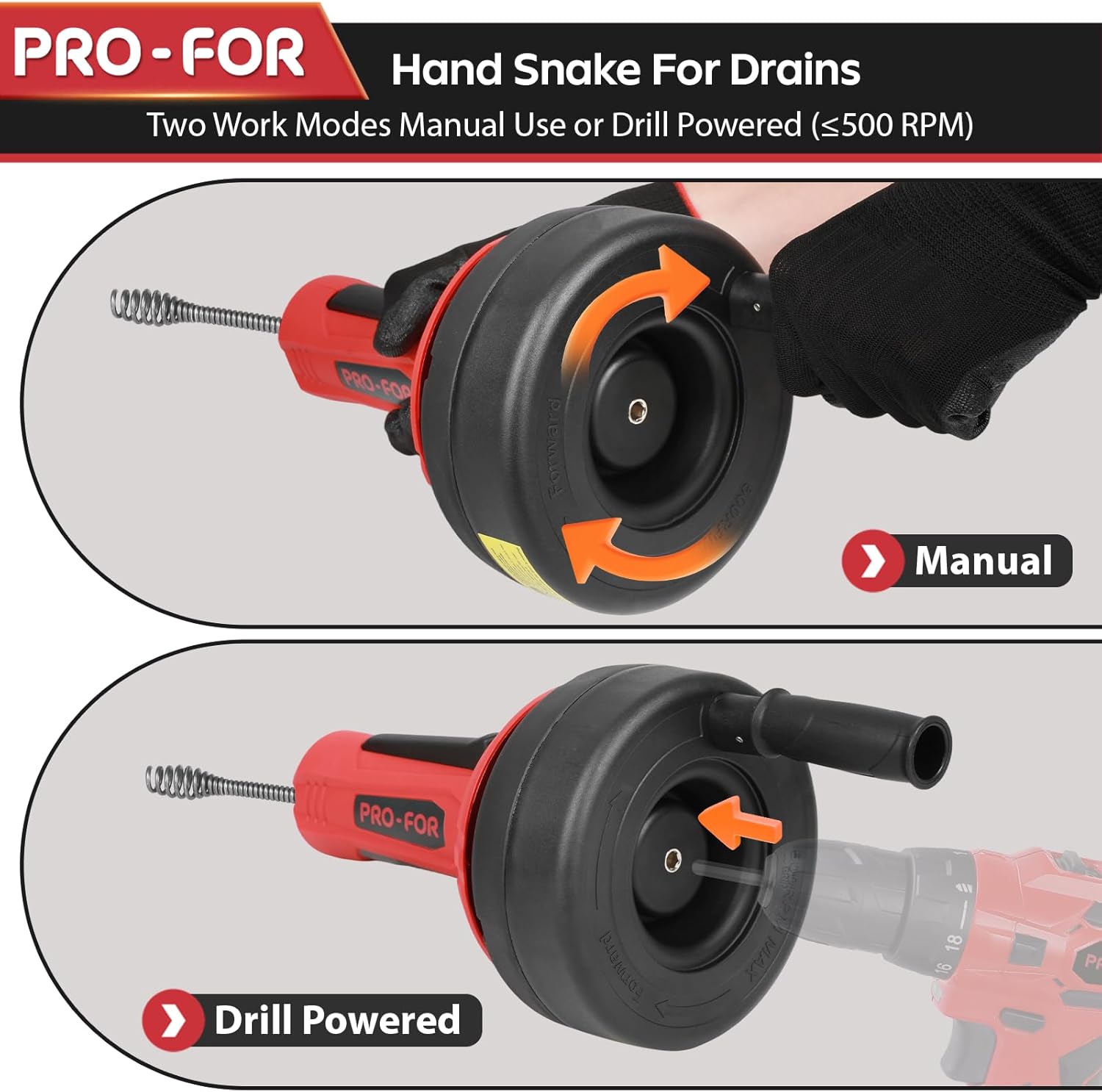 Drain Auger, 16.4FT Plumbing Snake Drain Clog Remover, Manual & Drill Powered Drain Snake for 0.75–2 Inch Pipes, Sink, Shower, Bathtub, Toilet