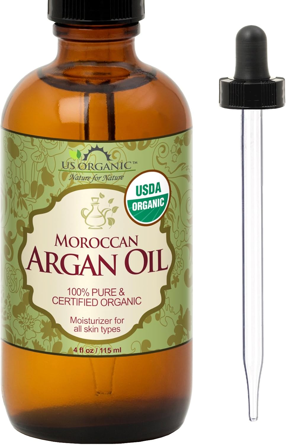 US Organic Moroccan Argan Oil, USDA Certified Organic,100% Pure & Natural, Cold Pressed Virgin, Unrefined, 2 Oz in Amber Glass Bottle, for Hair treatment, Skin, Nail, Cuticle, Sourced from Morocco.