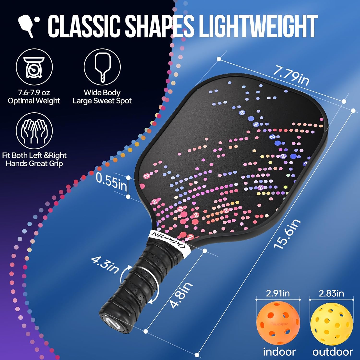 niupipo Pickleball Paddles Set of 2 or 4, USAPA Approved Fiberglass Pickleball Paddle Set with Balls and Bag, Polypropylene Honeycomb Core