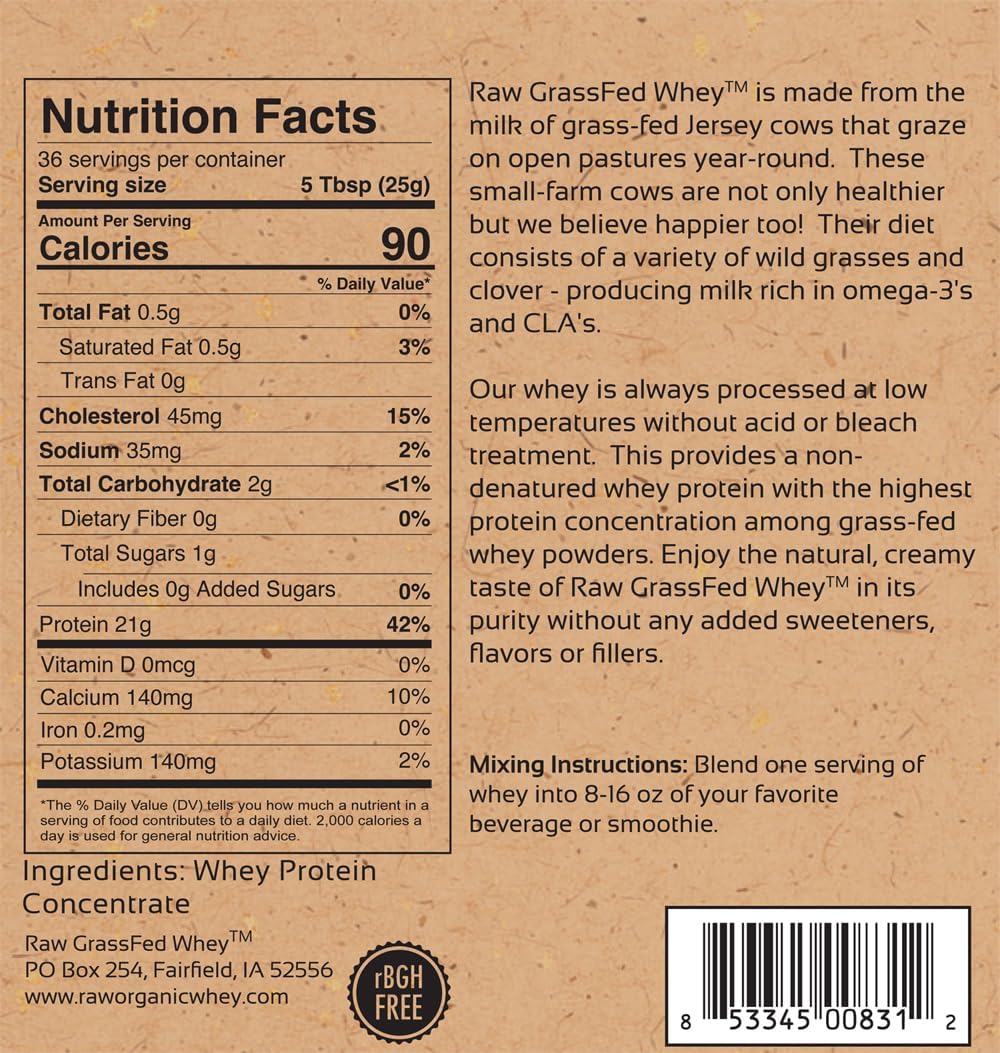 Raw Grass Fed Whey Protein Powder, Unflavored – 1 Ingredient, No Additives or Fillers, Undenatured, Made in USA, 5 lb