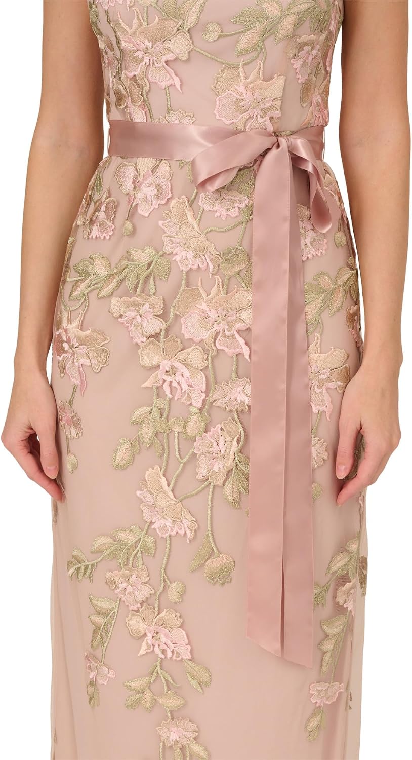 Adrianna Papell Cascading Floral Embroidered Long Column Gown