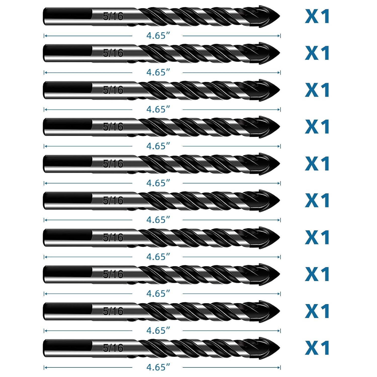 10-Piece Masonry Drill Bit Set for Concrete Tile Glass Ceramic Brick, 1/8 to 1/2 Inch Drilling Bits with Triangle Handle