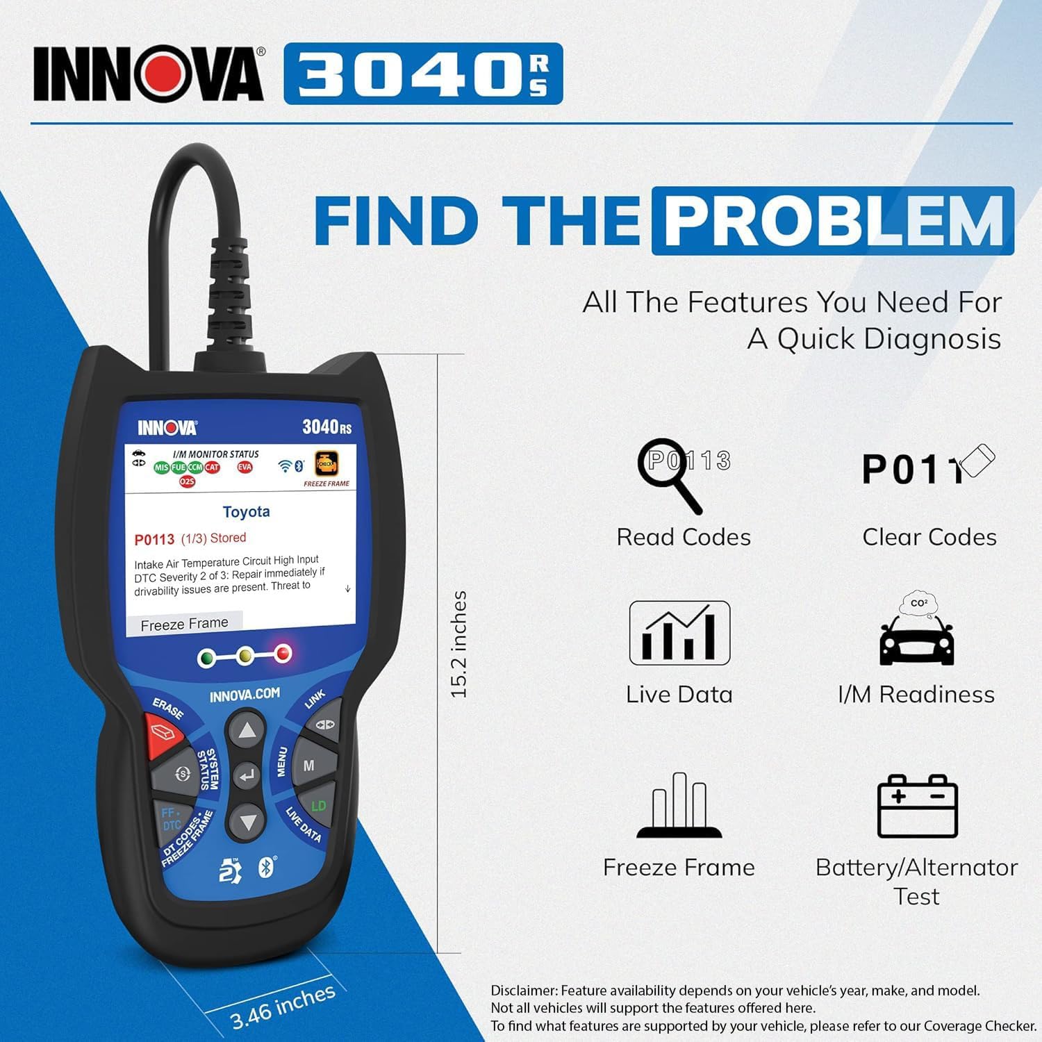 INNOVA 3040RS, OBD2 Scanner, Live Data Streamer, Battery/Alt Tester, Reset Check Engine Light/Brake Light/Oil Light