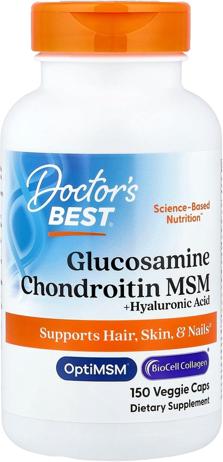 Doctor's Best Glucosamine Chondroitin MSM + Hyaluronic Acid with OptiMSM Featuring Biocell Collagen, Joint Support, Non-GMO, Gluten & Soy Free