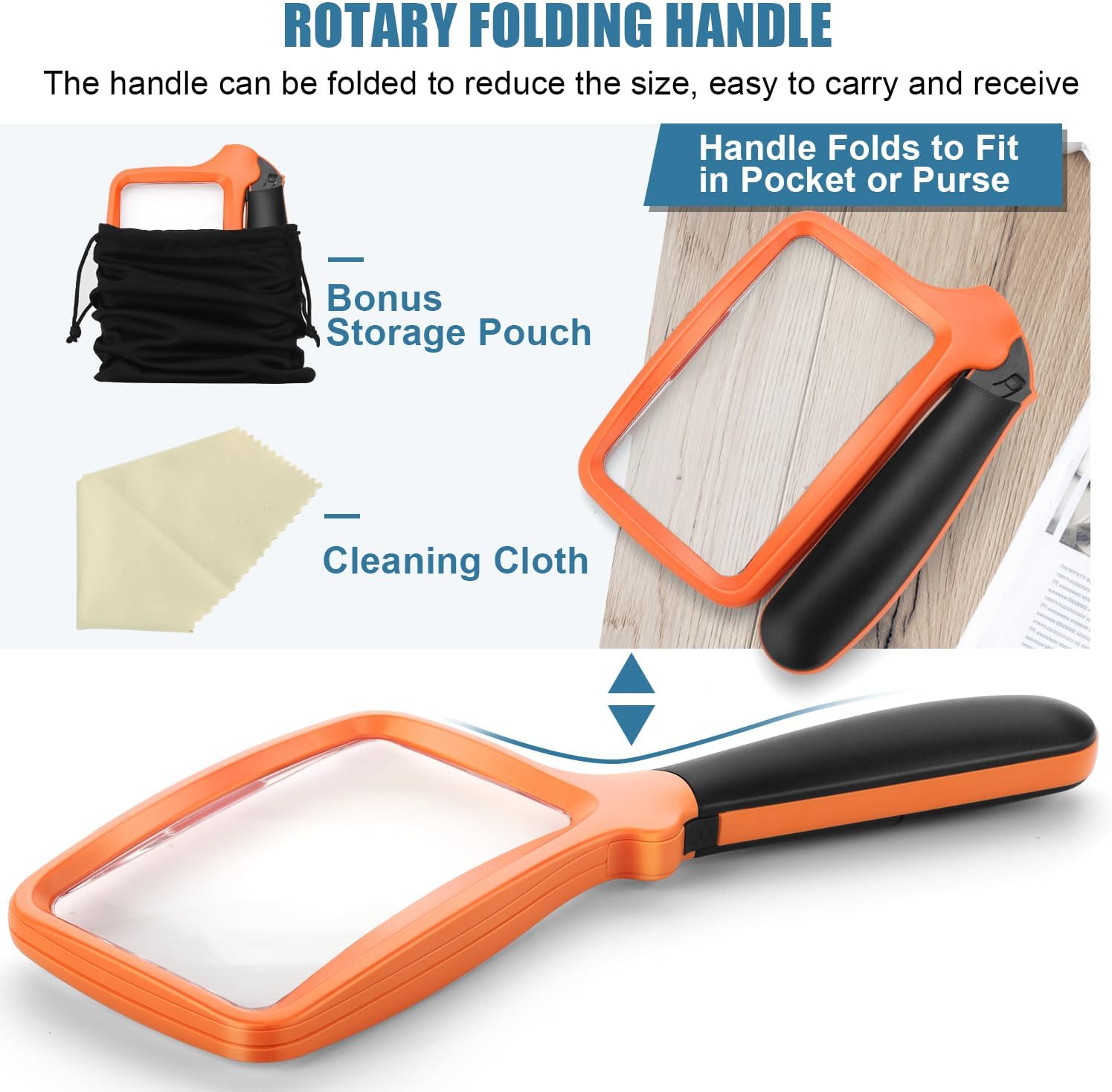 Folding Handheld Magnifying Glass with Light, 5X Large Rectangle Reading Magnifier with Dimmable LED for Seniors with Macular Degeneration, Newspaper