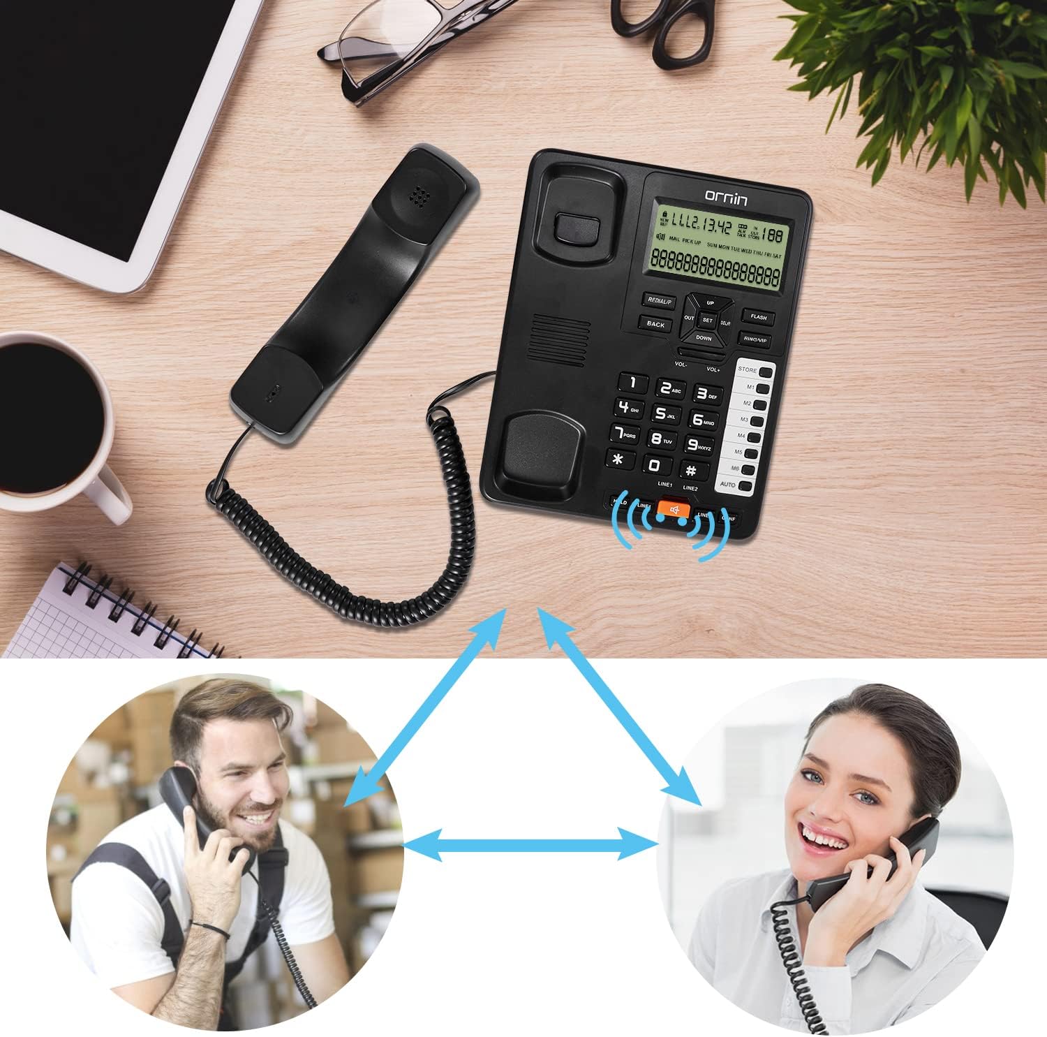 Ornin 2-Line Corded Telephone Systems for Small Business and House, Desk Phone Only (Black)