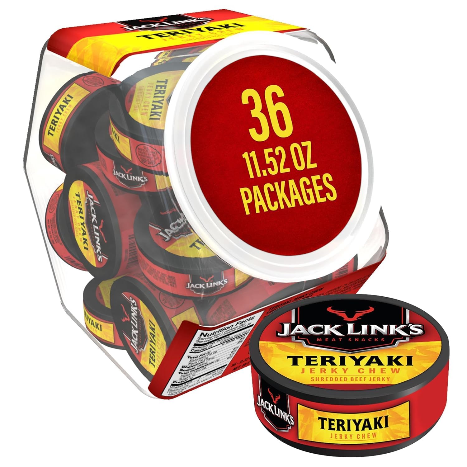 Jack Link's Teriyaki Beef Jerky Chew - (36 Pack) 0.32 oz Tins - Ready to Eat Protein Snacks - 4g Protein per Serving - Made with 100% Real Beef