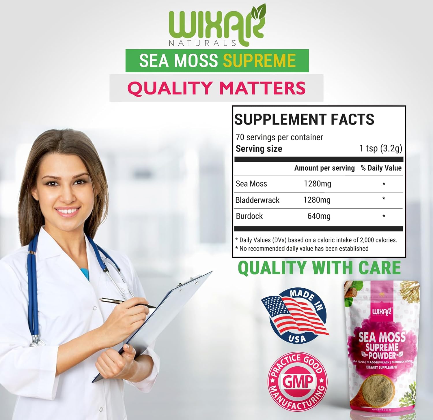 Wixar Wildcrafted Sea Moss Powder – (8 Ounces) – Natural Irish Sea Moss and Bladderwrack with Burdock Powder - Thyroid Support, Healthy Skin