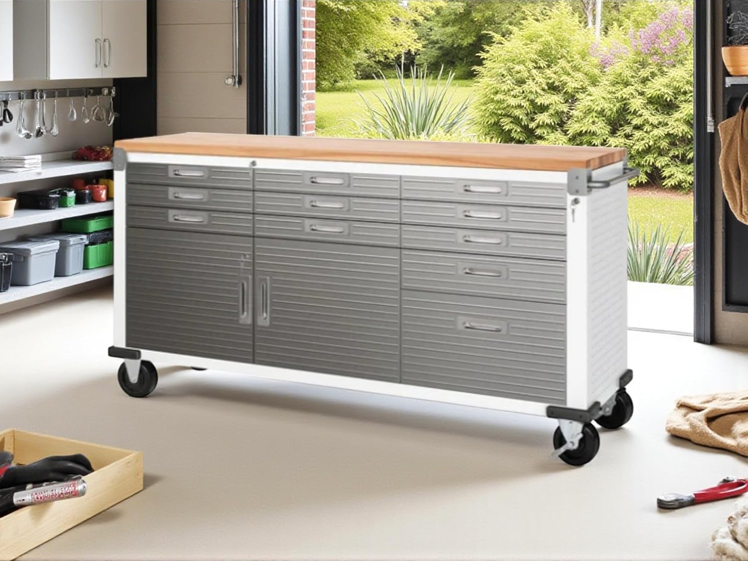 Heavy-Duty Rolling Workbench with Drawers and Cabinet, 77" W x 20" D x 37.5" H, (Red, 11 Drawer)