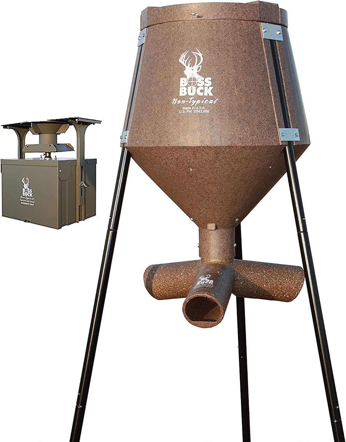 BOSS BUCK 200 LB Deer Feeder/Hunting Durable Lightweight Plastic UV Protected Waterproof Game Feeder with Protein 3 Feed Tubes Head, 12V Spinner Automatic Delivery System & Multi-Piece Legs | Auto feed system for outdoor, wildlife and hunting, 200 pound…