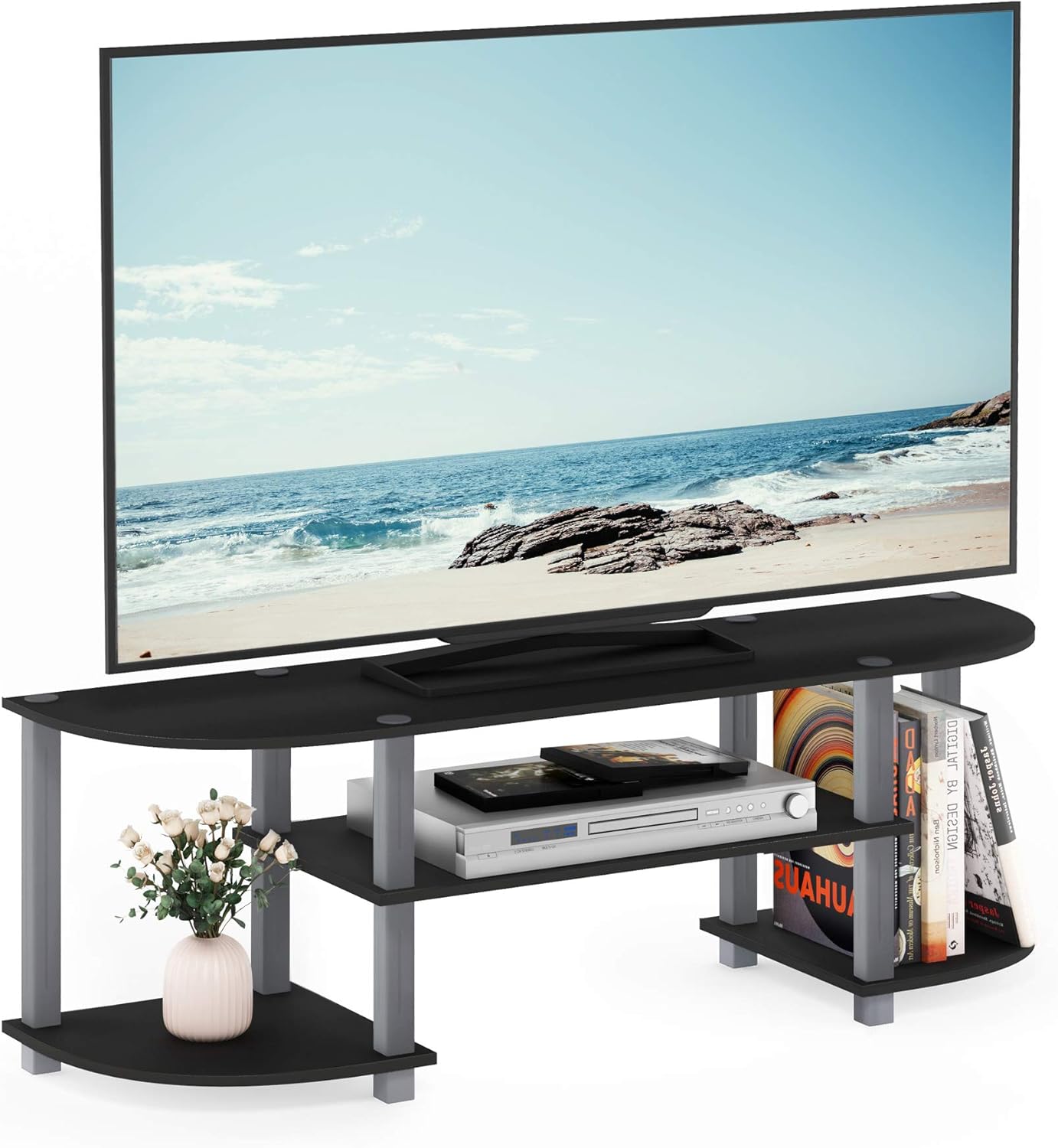 Furinno TURN-S-TUBE 3-Tier TV Stand for TVs up to 55 Inch, French Oak | Toolless Entertainment Center with Open Storage Shelves, Media Console Table with Soundbar Shelf for Living Room, Bedroom