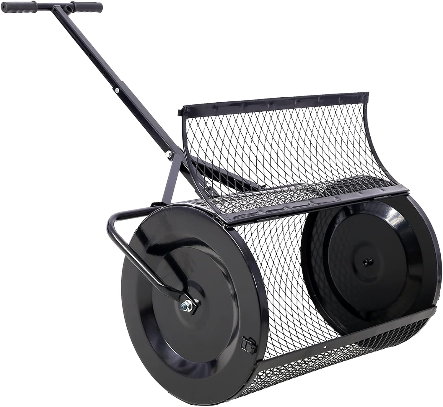 Compost Spreader - 24'' Peat Moss Spreader Manure Spreaders Roller with Adjustable T Shaped Handle Lightweight Metal Mesh Spreader for Lawn Garden Spreading Manure Topsoil, Black 0.5" x 1" Open Slits