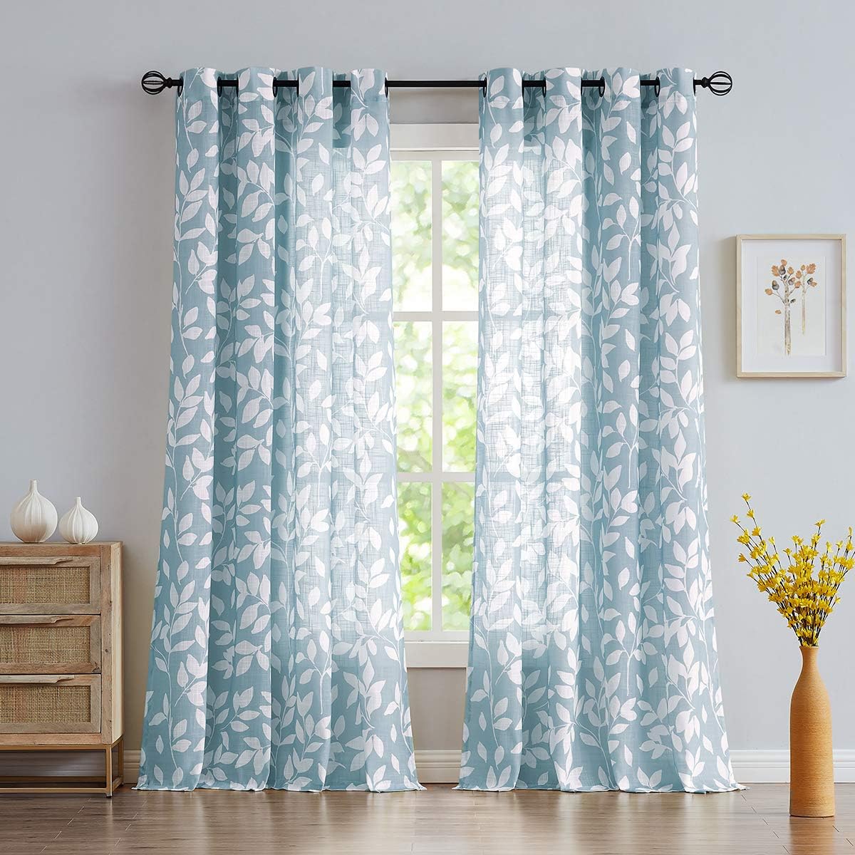 Leaf Semi Sheer Curtains for Bedroom Living Room 52x72" Taupe White Print 2
